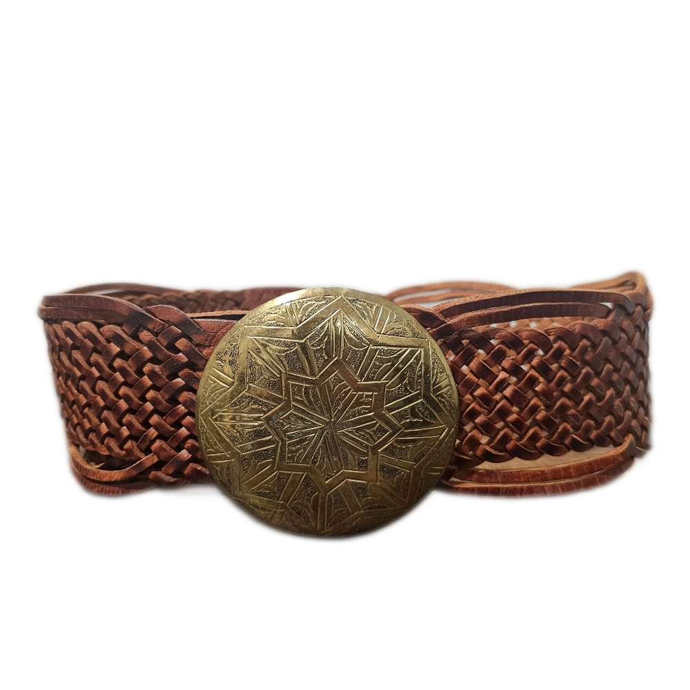 Vintage Chico's Woven Leather Belt Etched Brass Buckle